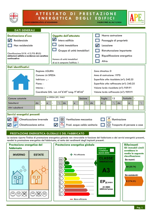 Esempio di Attestato di Prestazione Energetica della Regione Liguria: prima pagina con dati generali, servizi energetici e classe energetica A3